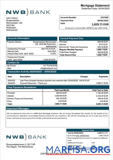 Downloadable Netherlands NWB Bank mortgage statement Word and PDF template